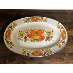 Sanko Ware Enamelware Vintage Serving Platter in Country Flowers Pattern  70s